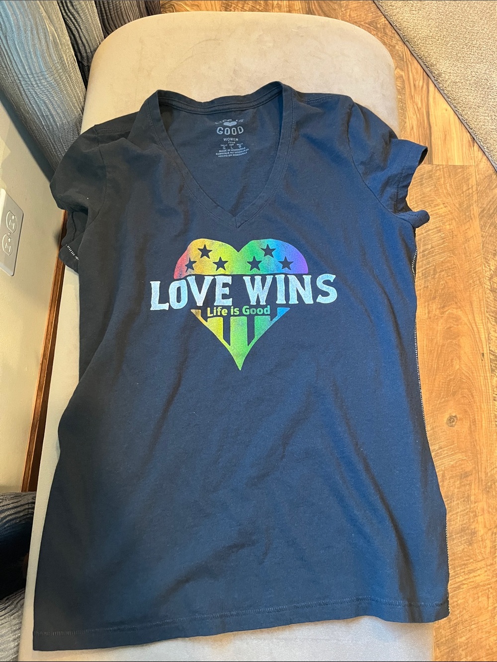 Life Is Good Black V‑Neck Tee with Rainbow Heart "Love Wins"